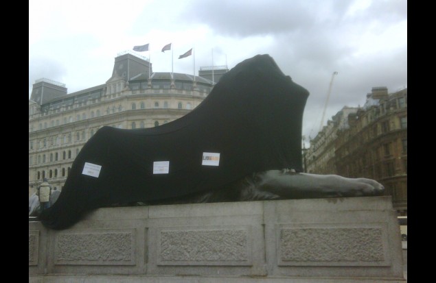The covered lion in Trafalgar Square